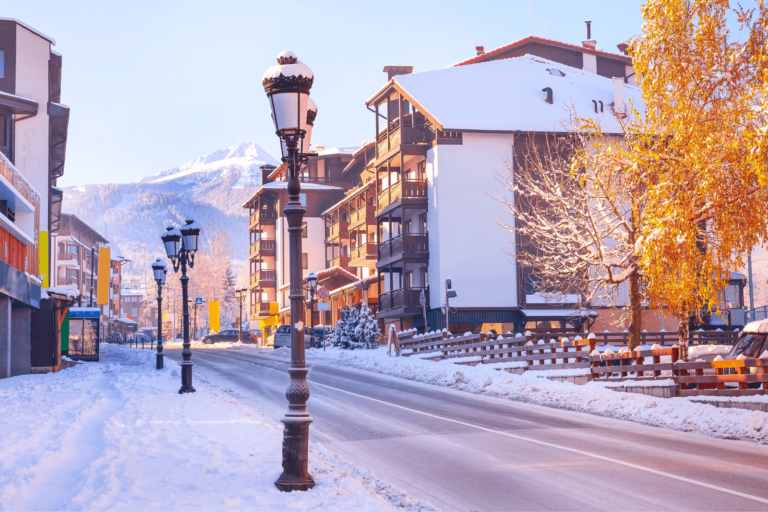 The streets of Bansko town on a snowy day